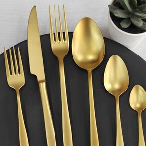 Personalized Matte Gold Cutlery Set 6 Pieces, Tableware Gold Cutlery Set, Gold Personalized Flatware Set 6 Pieces, Cutlery Set, For 1 Person
