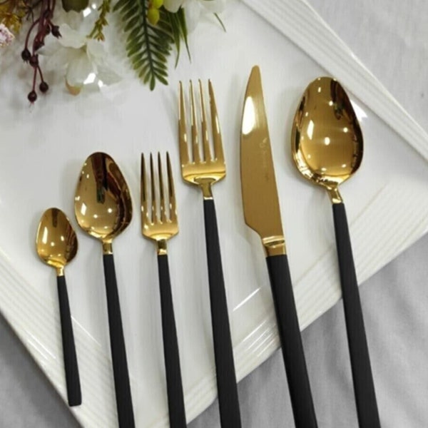 Gold Cutlery Set 6 Pieces Set, Tableware Black Cutlery Set, Gold Black Flatware Set 6 Pieces, Black and Gold Cutlery Set, For 1 Person