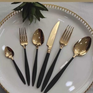 Black Cutlery Set 36 Pieces Set, Tableware Gold Cutlery Set, Gold Black Flatware Set 36 Pieces, Black and Gold Cutlery Set,