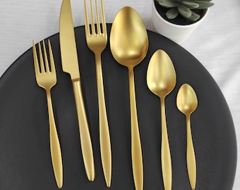 Goldbesteck 89 Stück Set, Geschirr Goldbesteck Set, Gold Besteck Set 89 Stück, Gold Messer und Löffel Set