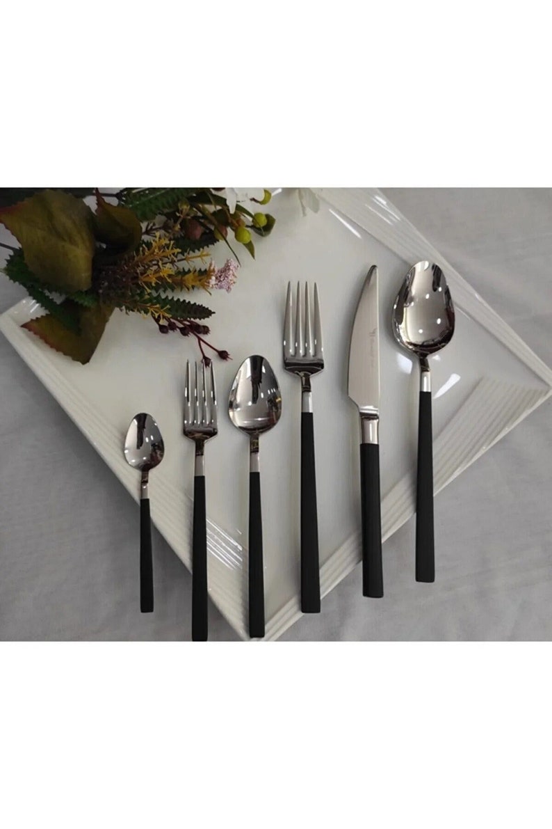 For 12 People Personalized Silver Cutlery Set 72 Pieces Set, Tableware Black Silverware Set, Black Silver Flatware Set, Engraved Cutlery Set image 1