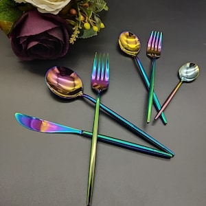 Ranbow Stainless Steel Minimalist Cutlery Set 36 Pieces Set, Tableware Rainbow Cutlery Set, Stainless Steel Flatware Set 36 Pieces, Rainbow