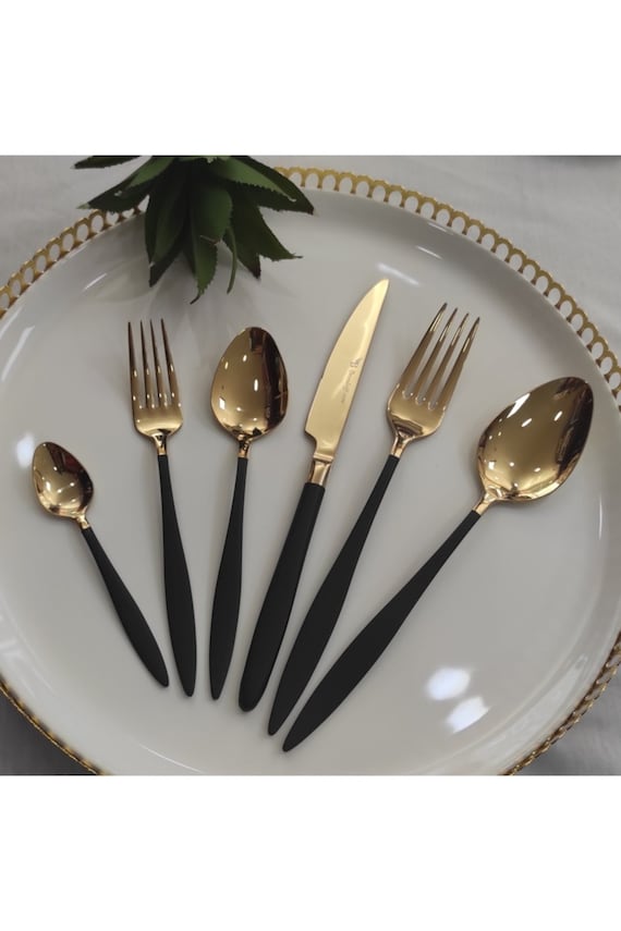 Black Gold Cutlery Set 89 Pieces Set, Black Gold Tableware Cutlery