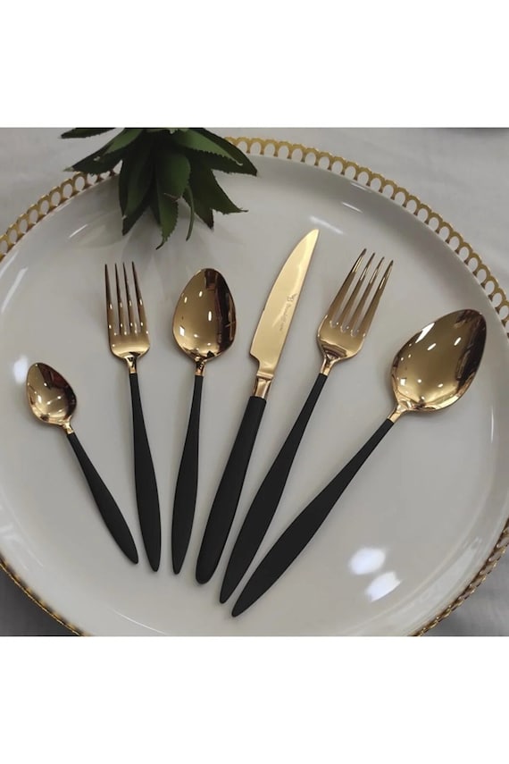 For 12 People Black Gold Cutlery Set 72 Pieces Set Tableware Gold Silverware Set Gold Flatware Set Engraved Cutlery Set