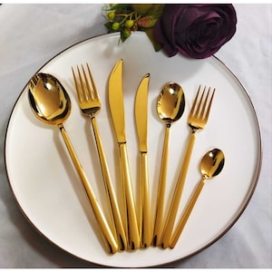 24K GOLD Plated Stainless Steel Minimalist Cutlery Set 84 Pieces Set, Tableware Gold Cutlery Set, Stainless Steel Flatware Set 84 Pieces,