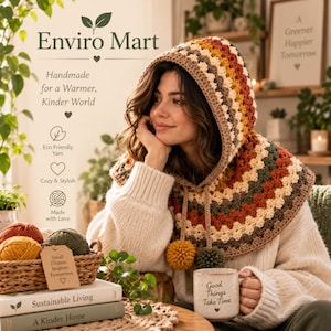 May include: A crochet hooded cowl featuring a striped pattern in shades of brown, orange, cream, and green. The hood includes two pom-poms at the ends of the drawstring. The text on the image reads Enviro Mart, Handmade for a Warmer, Kinder World.