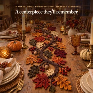 Könnte beinhalten: Ein gestrickter Tischläufer mit Rankenmuster, verziert mit Eichenblättern, Eicheln und Beeren in Rot-, Orange-, Gelb- und Grüntönen. Der Text lautet: THANKSGIVING · FRIENDSGIVING · HARVEST DINNERS. A centerpiece they'll remember.