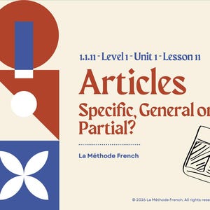 Puede incluir: Gráfico educativo con el título "Articles" y la pregunta "¿Específico, general o parcial?" en una fuente estilizada. La imagen incluye formas geométricas en rojo, azul y blanco, junto con una ilustración de periódico.