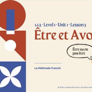 May include: Educational graphic with the title "Être et Avoir" in red and brown. The image includes geometric shapes in red, white, and blue, and a cartoon of Shakespeare with a speech bubble that says "Être ou ne pas être".
