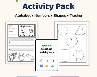 Pacote de atividades pré-escolares em espanhol: Folhas de exercícios com alfabeto, números e formas.
