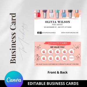 Cartão de fidelidade de unhas, cartão de recompensa de carimbo editável, cartão perfurado para cliente de salão de beleza, cartão de visita de técnico em unhas, design de cartão de fidelidade do cliente