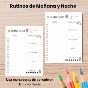 Könnte beinhalten: Zwei weiße Tagesplaner-Seiten mit dem Text "Planner Diario" und "Agenda". Die Seiten enthalten Abschnitte für Tagespläne, Ziele, To-Do-Listen und Notizen. Der Text "Rutinas de Mañana y Noche" steht oben.