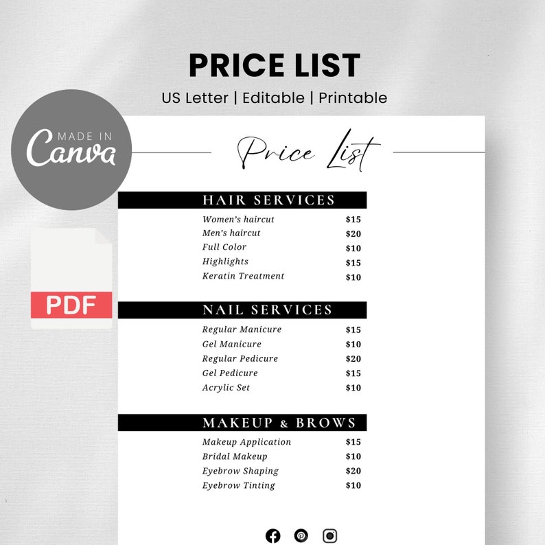 Editable Price List Template, Small Business Pricing Guide, Instant