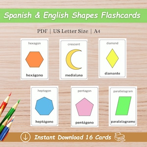 Spanish & English Flash Cards, Learn Spanish Shapes, Bilingual Flashcards, Spanish Vocabulary, Printable Learning Spanish Flashcards
