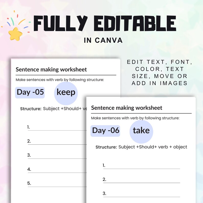 Sentence Making Worksheet for Kids, Printable Grammar Activity Build ...