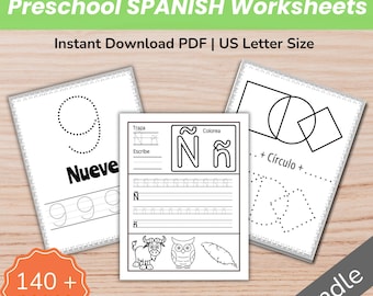 Preschool Spanish Worksheet Bundle, Printable Alphabet Numbers Shapes Learning for Bilingual Kids