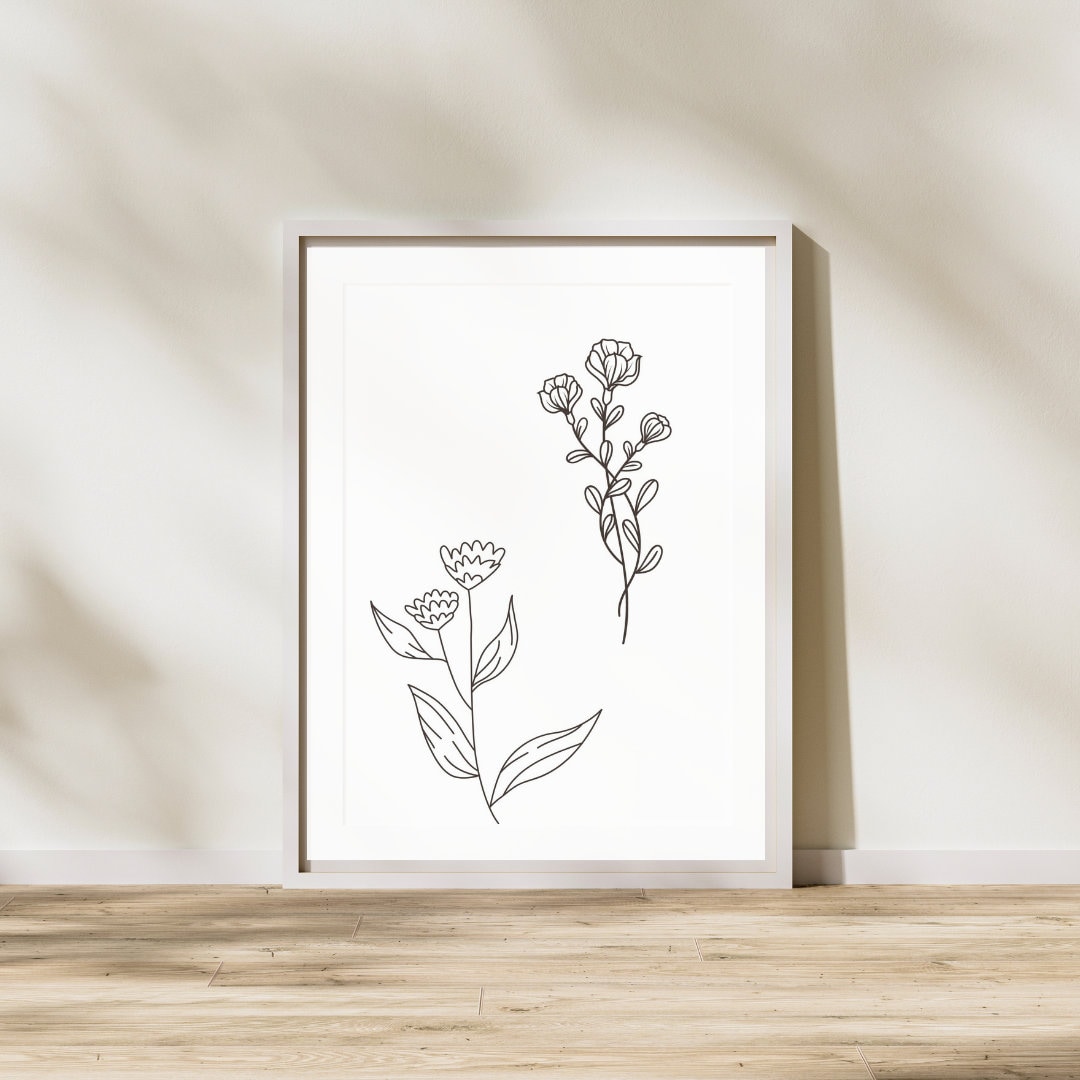 Minimalist Floral Line Art Printable, Boho Botanical Wall Decor, Black ...