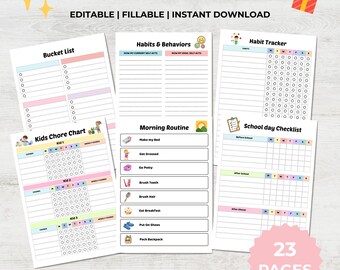 Editable Kids Chore Chart, Morning Bedtime Routine Visual Schedule (PDF Download)