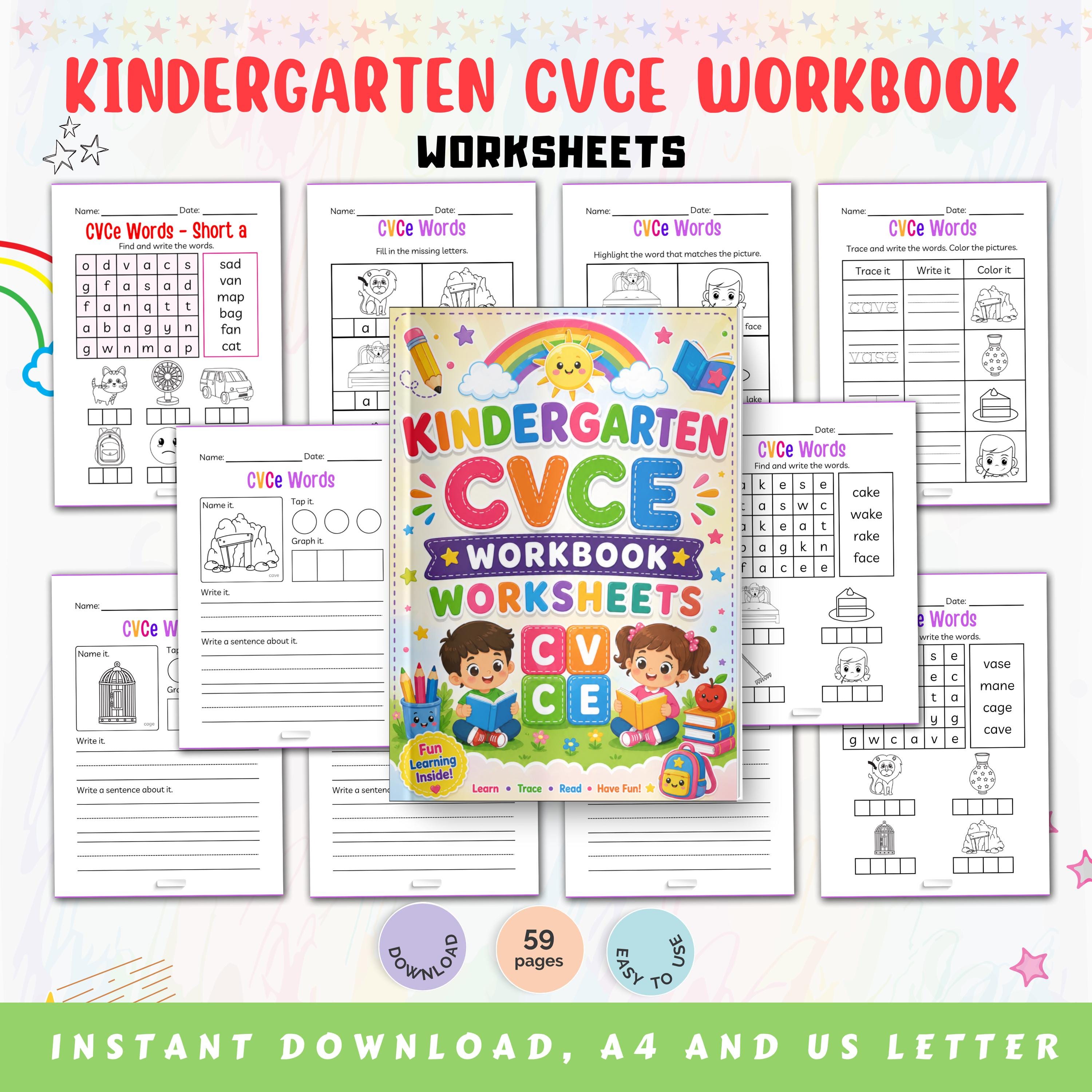 Kindergarten CVCE Workbook Worksheet, Silent E Phonics Practice Read ...