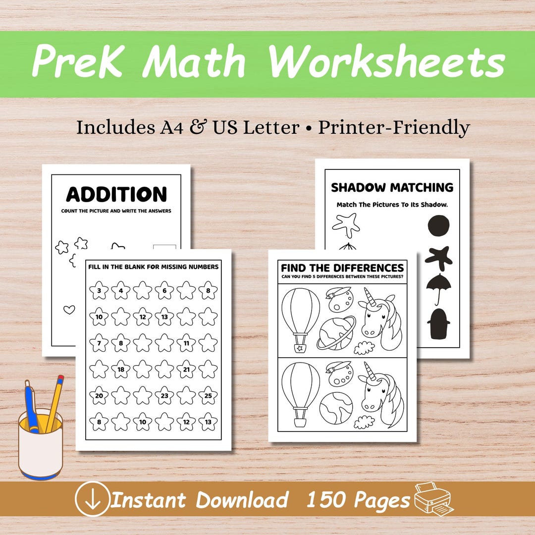 Preschool Math Worksheets Printable Bundle: Addition, Subtraction, Fine ...
