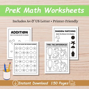 Op de afbeelding: Een verzameling PreK Math Worksheets met de tekst "PreK Math Worksheets" bovenaan. De werkbladen bevatten optellen, schaduwmatching en invuloefeningen. De tekst "Instant Download 150 Pages" is ook zichtbaar.