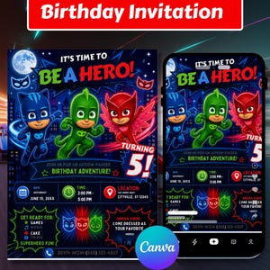 Puede incluir: Una invitación digital de cumpleaños con temática de superhéroes. El diseño presenta tres personajes de dibujos animados y el texto "It's Time to Be a Hero!". La invitación incluye detalles de la fiesta para un 5º cumpleaños.