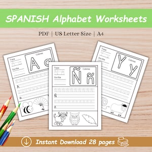 Hojas de trabajo para trazar el alfabeto español en formato PDF, práctica de trazado de letras, práctica de escritura a mano, abecedario, habilidades motoras finas, descarga instantánea
