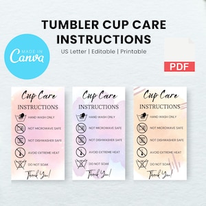 Instruções de lavagem, instruções de cuidados com o copo para impressão, pronto para imprimir, instruções de cuidados com o copo, modelo de cartão de cuidados com o copo editável
