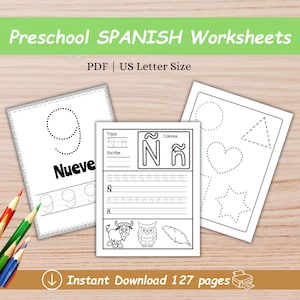 以下が含まれることがあります： 数字の9、文字「Ñ」、基本的な形をなぞったり色を塗ったりする活動が掲載された、スペイン語の幼児向け印刷可能なワークシートのセットです。ワークシートはUSレターサイズの用紙用に設計されており、スペイン語で「Nueve」（9）と「Traza」（なぞる）という言葉が記載されています。