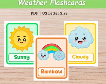 Tarjetas didácticas sobre el clima para niños, material educativo Montessori para la educación en casa, 12 tarjetas imprimibles sobre el clima, PDF para preescolares y niños pequeños.