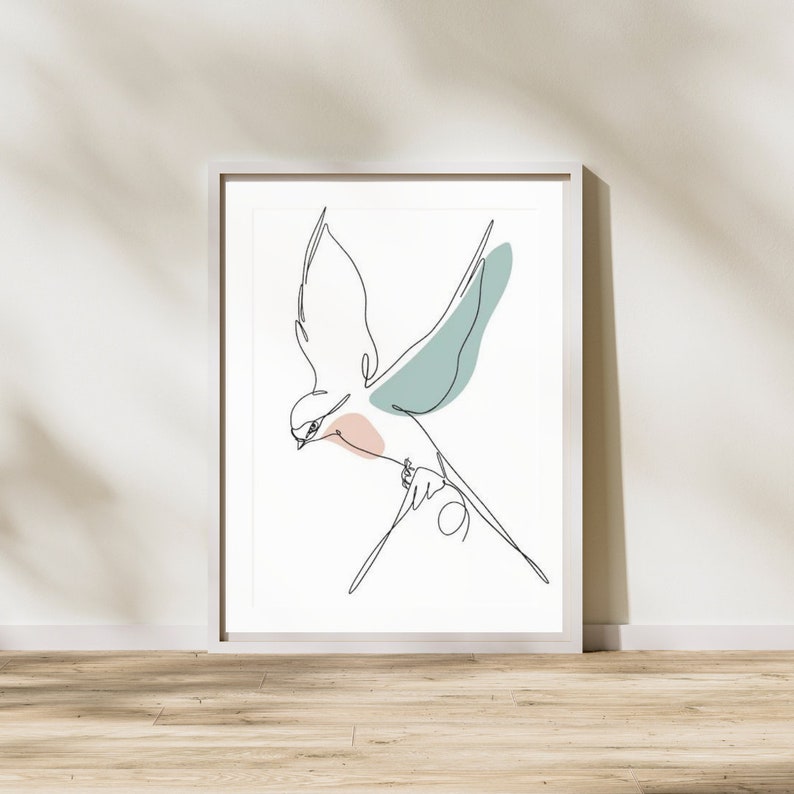 May include: A minimalist line drawing of a bird in flight with a light blue and pink color wash. The bird is depicted in a single line with its wings spread wide. The background is white.