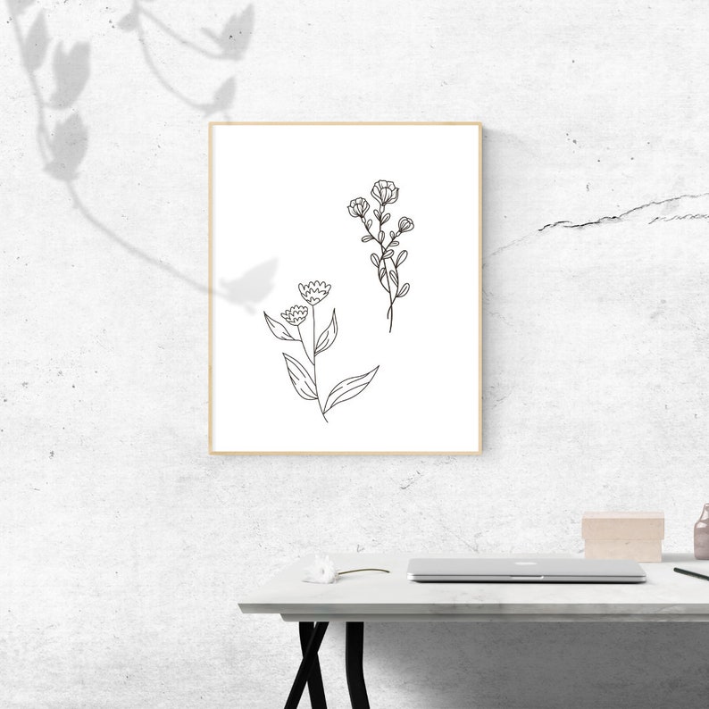 Minimalist Floral Line Art Printable, Boho Botanical Wall Decor, Black ...