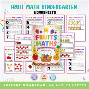 Könnte beinhalten: Ein Satz farbenfroher Kindergarten-Arbeitsblätter mit dem Titel "Fruit Math". Das Cover zeigt eine Vielzahl von Früchten und den Text "Fruits Maths". Die Arbeitsblätter umfassen Zähl- und Ausmalaktivitäten mit Früchten. Der Text "Instant Download, A4 and US Letter" ist ebenfalls sichtbar.