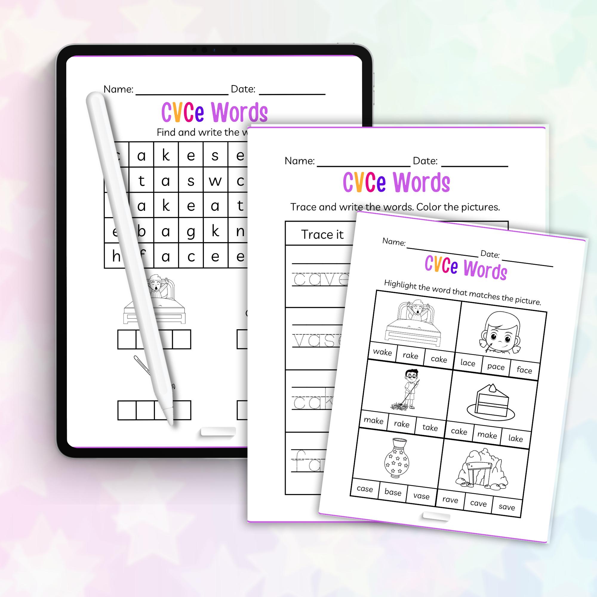 Kindergarten CVCE Workbook Worksheet, Silent E Phonics Practice Read ...