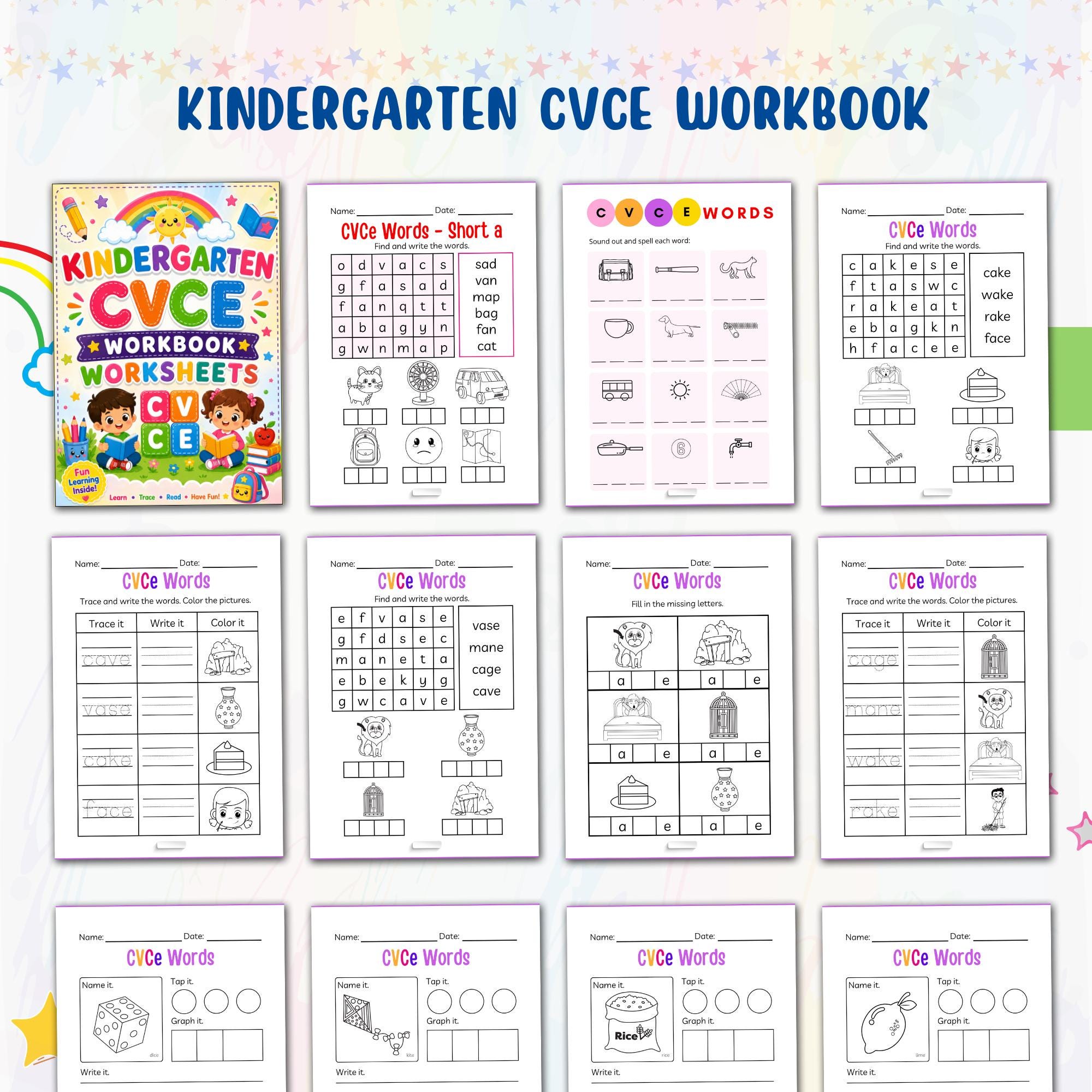 Kindergarten CVCE Workbook Worksheet, Silent E Phonics Practice Read ...