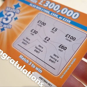 6 PACK - Baby Pregnancy Announcement Reveal Fake Replica Lottery Scratch off Cards