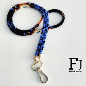 Beadwork Night Blue Lanyard - Estilo nativo americano - Beaded Lanyard - Teacher Lanyard - ID Card Neecklace - Badge Holder - Unisexs Gifts