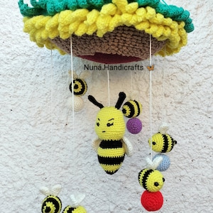 Móvil para cuna de bebé, hecho a mano, a ganchillo, girasol con abejas, juguete para cuna, juguete para bebes, regalo para bebé