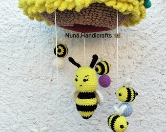 Móvil para cuna de bebé, hecho a mano, a ganchillo, girasol con abejas, juguete para cuna, juguete para bebes, regalo para bebé