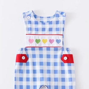 Valentine’s Day Longall Baby Boy. Smocked heart JonJon. Valentine’s Day Romper for Boys.