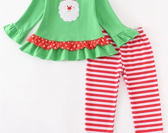 Toddler Girl Christmas Outfit. Santa Appliqué Set.