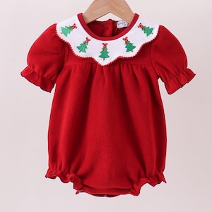 Weihnachtsbaum-Stickerei-Fleece-Baby-Blasen-Strampler - Urlaub Outfit