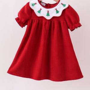 Red Fleece Christmas Dress: Embroidered Tree Holiday Outfit