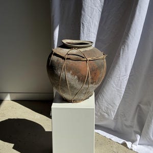Peut inclure: Un grand pot rond en terre cuite antique avec une large ouverture et un motif de corde tressée autour du corps. Le pot a une finition brun-rougeâtre vieillie et repose sur un piédestal blanc. Le fond présente un rideau blanc.