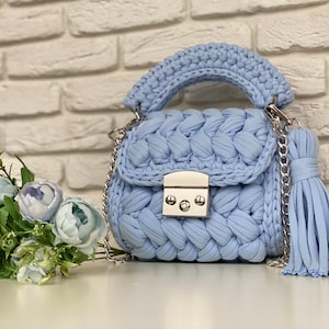 Small Handknit Bagsky Blue Crochet Bag Birthday Gift for Her 