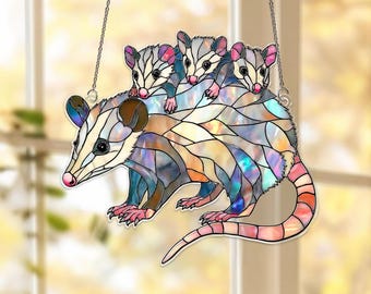 Opossum Mom Acrylic Suncatcher,Opossum Window Hanging,Opossum Suncatcher Decor,Rustic Home Decor,Possum Family Ornament,Whimsical Animal Art