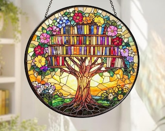 Book Tree Glass Suncatcher, Bookworm Window Decor, Librarian Gift