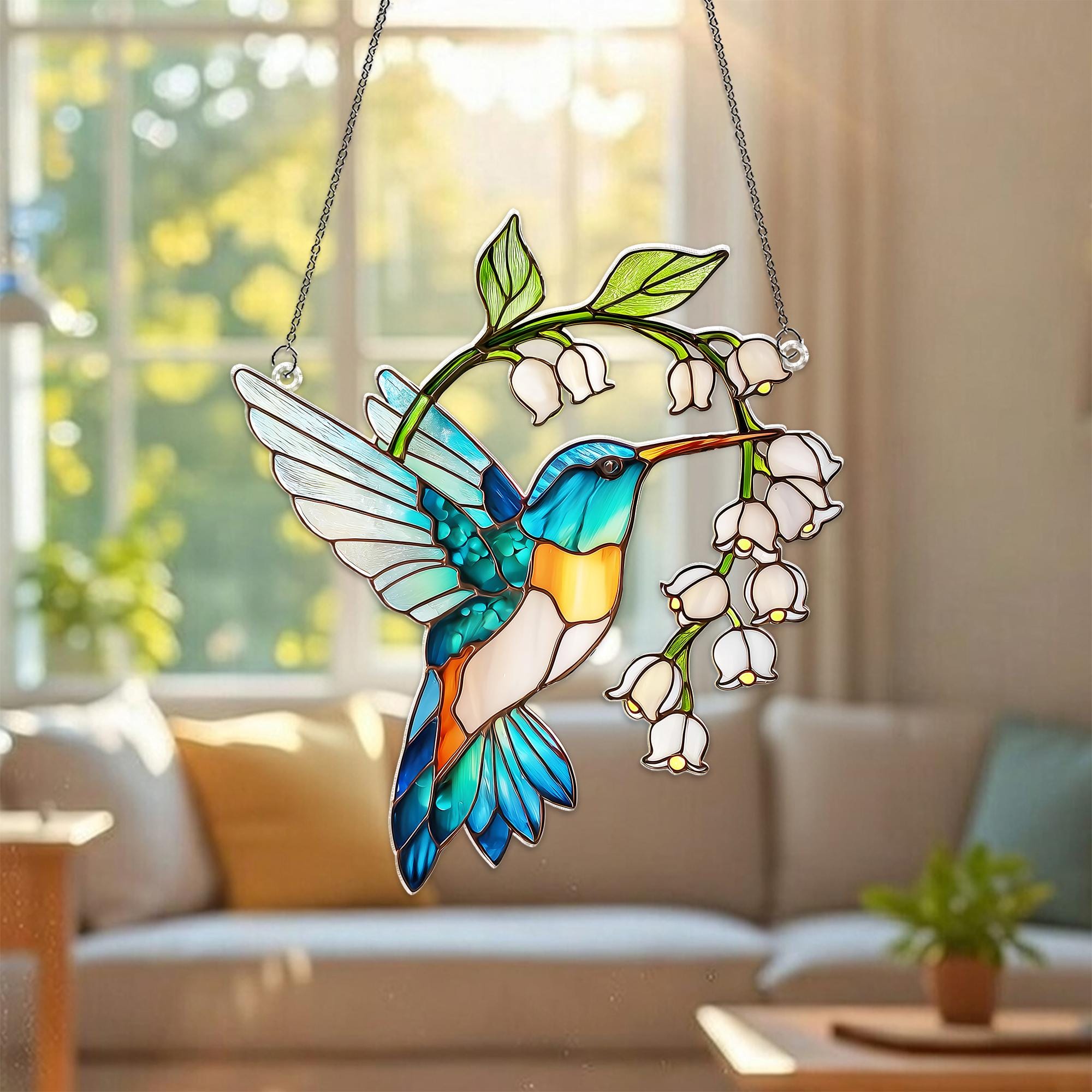 Hummingbird and Lily of the Valley Suncatcher, Floral Window Hanging ...