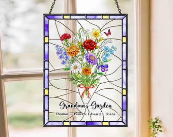 Custom Family Birth Flower Glass Suncatcher, Personalized Birth Month Window Hanging, Gift for Mom Grandma, Birth Flower Gift, Garden Decor