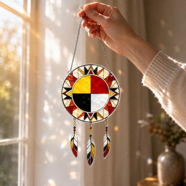 Medicine Wheel Acrylic Suncatcher, Medicine Wheel Wall Hanging, Indigenous Inspired Window Decor, Boho Spiritual Gift